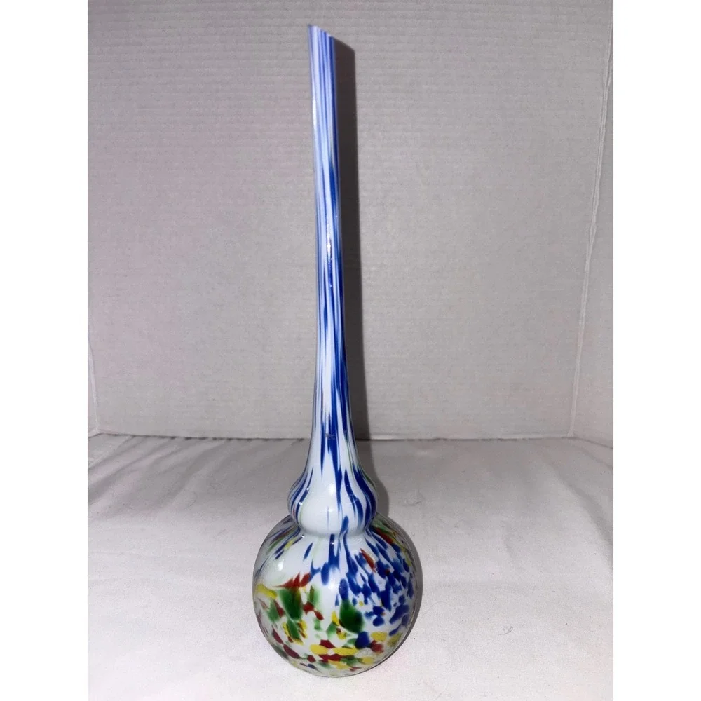 Murano Art Glass Bud Vase Long Neck Confetti Splatter Blue‎ White Italian Glass